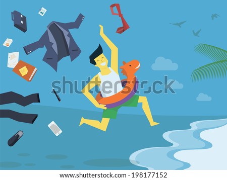 Businessman undress his suite and clothes, leave his office things and stop working,  run with swim rubber ring to the beach,  holiday and summer concept. 