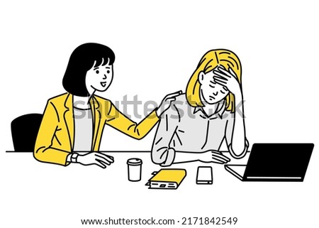 Female office worker embracing and supporting each other when she feel sad, upset, sick or unwell. Outline, linear, thin line art, hand drawn sketch, cute character design.