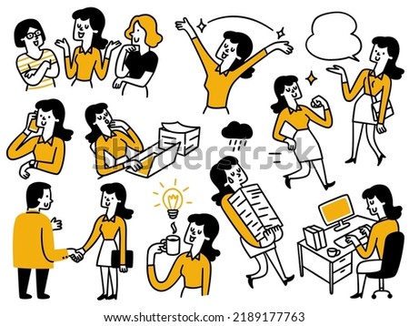 Cute character illustration of businesswoman in various poses and activities. Business concept in very busy, speaking, presenting, hard working, working at office. Doodle style, hand drawn sketch.