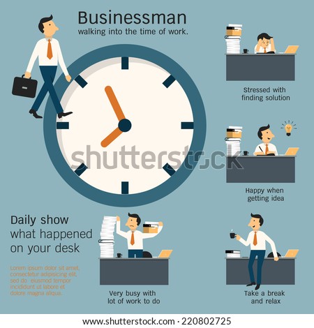 Businessman walking in office and show what daily happening on desk in the workplace around the clock. Simple character with flat design.