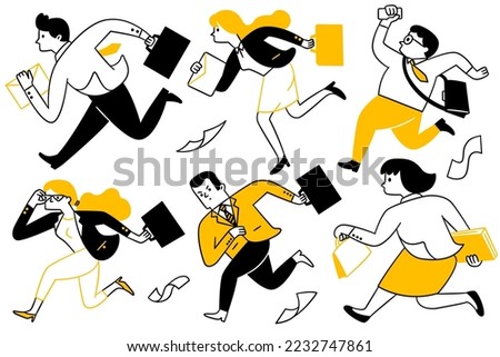 Cute character doodle illustration of businesspeople, man and woman, running fast, hurrying and rushing. Outline, thin line art, hand drawn sketch design, simple style.