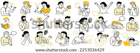 Various character doodle illustration of people finding creative ideas concept, thinking, reading, find solution or knowledge, imagination. Outline, linear, thin line art, hand drawn sketch.  