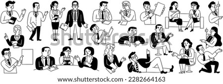 Cute character illustration doodle style of male and female business people, presenting, talking, pointing, discussing, television reporting. Outline, thin line art, black and white ink drawing style.