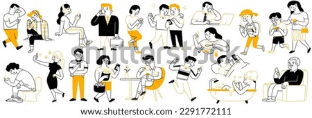 Cute character illustration doodle style of many people using smartphone in various activities, poses, ages, career. Outline, thin line art, hand drawn sketch design, simple style.