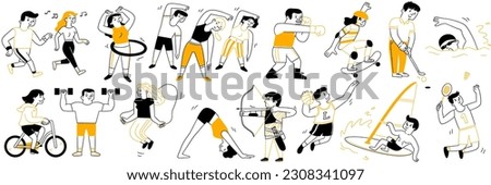 People sport and recreation, running, hula hoop, swimming, windsurf, archery, aerobic dance, fitness, jump rope, basketball, golf, boxing, badminton, yoga, ride bicycle. Outline, thin line art.