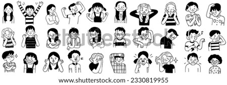 Children's emotion expression bundle set. Hand drawn, doodle illustration in black and white, ink style. Various character, diversity, multi-ethnic. Outline, linear, thin line art.  Foto stock © 