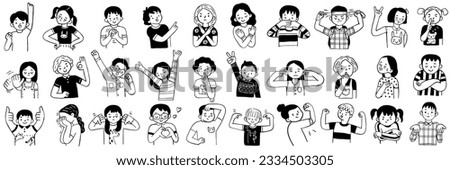 Cute character doodle illustration of children's emotion expression with hand sign and symbols. Outline, linear, thin line art, hand drawn sketch design, black and white ink style. Big set, bundle.