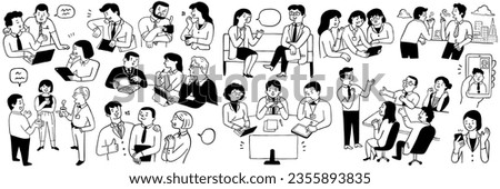 Vector illustration doodles of businesspeople, office workers, in communication concept. Outline, thin line art, hand drawn sketch design, simple style.  