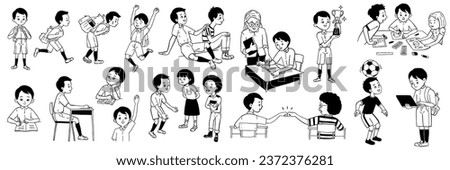 Vector illustration doodle character set of male student in various actions and activities, education concept. Go to school, study in class. Outline, thin line art, hand drawn sketch.