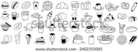 Set vector illustration doodles of food, drink, dessert, beverage. Outline, linear, thin line art, hand drawn sketch, black and white ink style. 