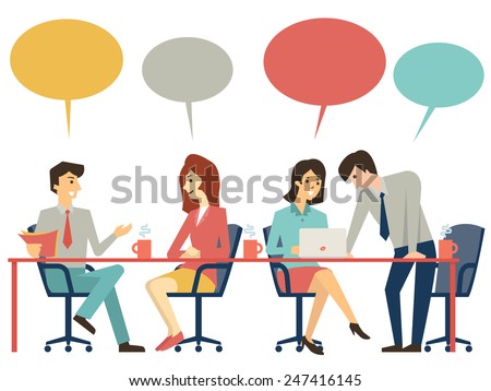 Business people, man and woman, at meeting table, discussing, presenting and explaining concept. Flat design.