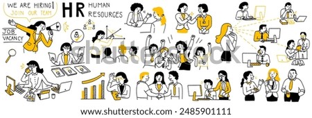 Vector illustration set related to HR human resources. Outline, thin line art, han drawn sketch, cut character design, simple style. 