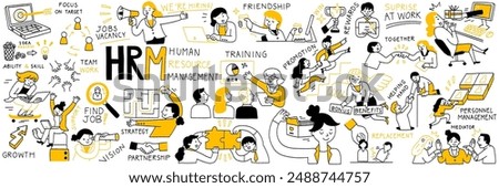 Vector illustration doodle set of HRM concept or human resource management. Outline, thin line art, hand drawn sketch design, simple style, cute character.