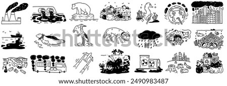 Environmental pollution vector illustration doodle set,. Outline, linear, thin line art, hand drawn sketch, black and white style.