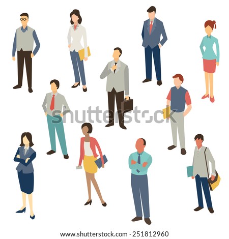 Flat design character of business people, man and woman, full length, isolated on white, bird-eye-view. 