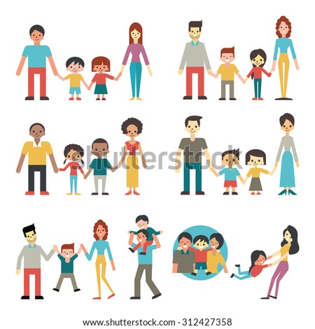 Illustration character of people in happy family concept, father, mother, son and daughter. Diverse, multi-ethnic, American, African, Hispanic, Asian, Caucasian. Flat design.