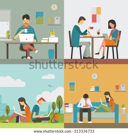 Business people, man and woman, working in various workplace, in office, restaurant or coffee shop, public park, and work at home. Flat design, diverse character.
