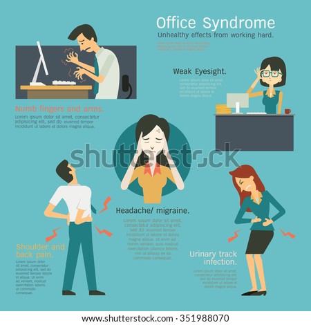 Infographics of office syndrome, unhealthy effects from working hard at workplace, numb fingers, weak eyesight, cystitis or urinary tract infection, migraine, headache, shoulder an back pain. 