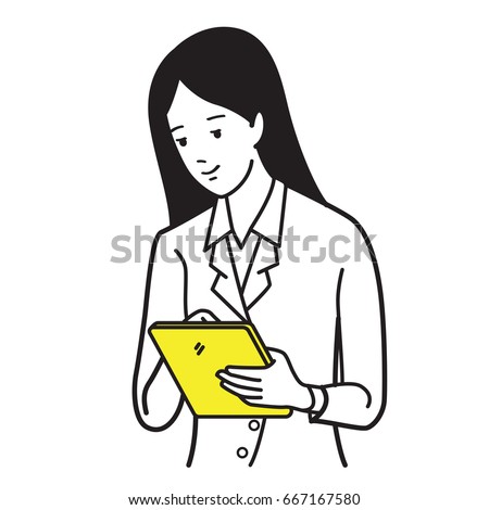 Young handsome businesswoman holding and touching tablet in technology business communication concept. Outline hand draw sketch, doodle, cartoon style. 