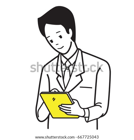 Young handsome businessman holding and touching tablet in technology business communication concept.  Outline cartoon style. 