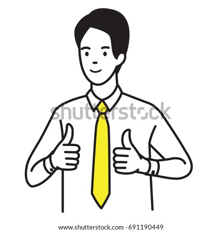 Vector illustration portrait of businessman showing two thumb up gesturing in very good hand sign, concept in satisfy, approval, or well done expression. Outline hand draw sketch design, simple style.