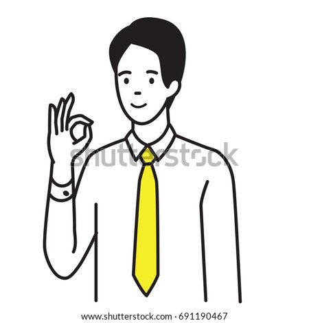 Vector illustration portrait of businessman showing gesture OK hand sign, agreement, happy, satisfy, approval, or well done expression. Outline, hand draw sketch design, black and white simple style.