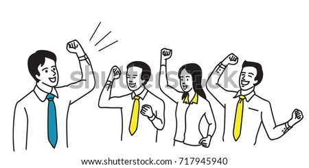 Vector character of businessman as leader, motivate teamwork by holding fist and raising hand in successful gesture. Outline, linear, thin line art, cartoon, hand draw sketch design, simple style.