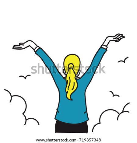 Happy businesswoman standing and stretching two hands towards sky, business concept in freedom, happiness, peaceful. Outline, thin line art, linear, hand drawn sketching design, simple style. 