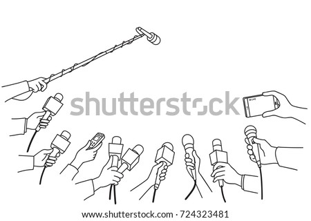 Various press reporter hands with microphones and recorder in press interview. Politics, business, press interview, news, concept. Outline, linear, thin line, hand drawn sketch design, simple style.