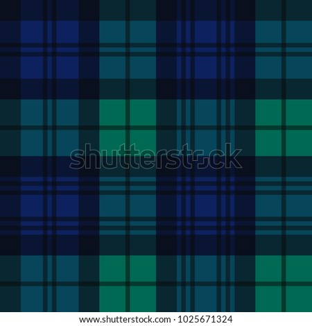 Black Watch Style Tartan Seamless Vector Pattern in Navy Blue, Green and Black. Trendy Fashion Print. Traditional Scottish Military Textile. Repeating Pattern Tile Swatch Included.