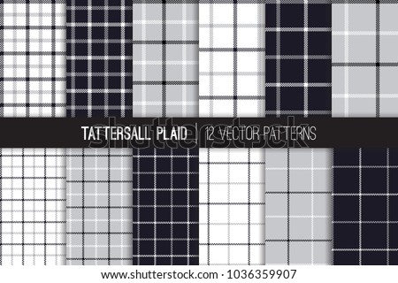 Gray, Black and White Tattersall & Windowpane Plaid Vector Patterns. Men's Fashion Fabric. Father's Day Background. Small to Large Scale Check Textile Prints. Repeating Pattern Tile Swatches Included.