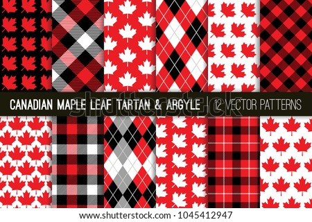 Canadian Vector Patterns in Maple Leaf, Tartan Plaid and Argyle. Canada Day July 1st Party Celebration Backgrounds. Red, Black & White. Northern Lumberjack Plaid Prints. Pattern Tile Swatches Included