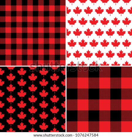 Canadian Maple Leaf and Buffalo Check Plaid Seamless Vector Pattern Tiles in Red, Black & White. Canada Day July 1st Party Celebration Backgrounds. Northern Lumberjack. Pattern Tile Swatches Included