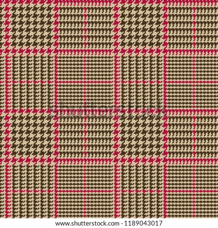 Prince of Wales Style Glen Plaid Vector Pattern in Brown and Beige with Red Overcheck Stripes. Trendy Classic High Fashion Print. 8x8 Check Houndstooth. Pixel Perfect Seamless Tile Swatch Incl.