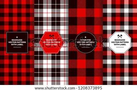 Lumberjack Seamless Patterns with Label Frames. Red Black White Buffalo Check and Tartan Plaid. Trendy Hipster Textures & Badges. Copy Space for Text. Design Templates for Packaging, Covers, Gift Wrap