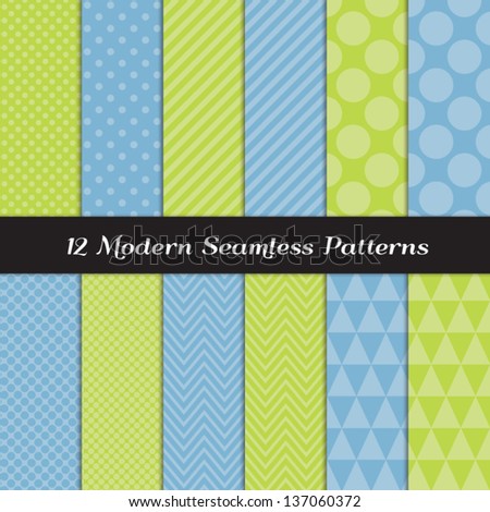 Mixed Polka Dot, Chevron, Stripes and Geometric Faceted Triangle Seamless Patterns in 2 Pantone 2013 colors of the year: Dusk Blue & Tender Shoots (chartreuse). Pattern Swatches with Global Colors.