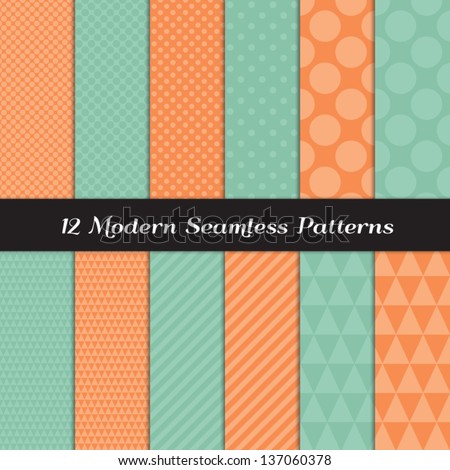 Mixed Polka Dot, Chevron, Stripes and Geometric Triangle Seamless Patterns in 2 Pantone 2013 colors of the year: Grayed Jade & Nectarine ( mint & coral ). Pattern Swatches with Global Colors.