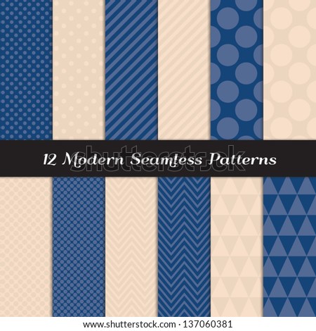 Mixed Polka Dot, Chevron, Stripes and Geometric Faceted Triangle Seamless Patterns in 2 Pantone 2013 colors of the year: Monaco Blue & Linen (pink beige) . Pattern Swatches made with Global Colors.