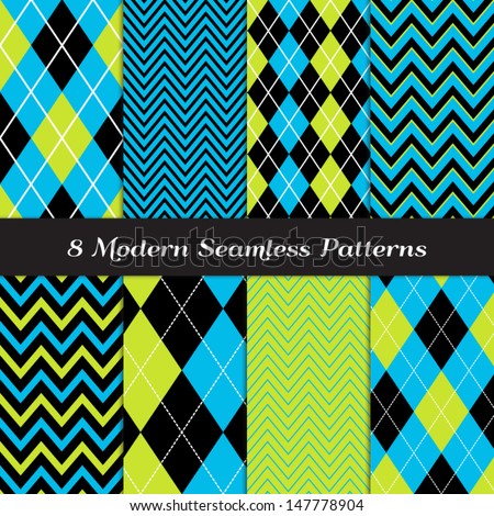 8 Chevron and Argyle Patterns in Blue, Lime Green and Black with White Accent Lines. Perfect for Kids Monster Party or Halloween Backgrounds. Pattern Swatches made with Global Colors.