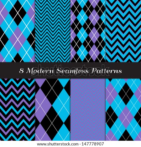 8 Chevron and Argyle Patterns in Blue, Purple and Black with White Accent Lines. Perfect for Kids Monster Party or Halloween Backgrounds. Pattern Swatches made with Global Colors.