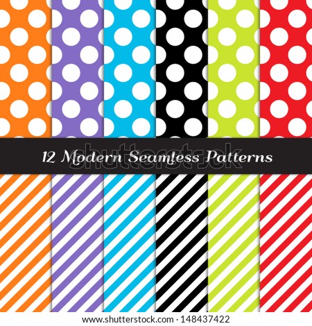 White Jumbo Polka Dot and Stripe Patterns in Blue, Purple, Orange, Red, Lime Green and Black. Perfect as Kids Monster, Sugar Rush or Rainbow Party Background. Pattern Swatches made with Global Colors.