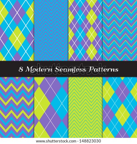 8 Chevron and Argyle Patterns in Blue, Purple and Lime Green with White Accent Lines. Perfect for Kids Monster Party or Halloween Backgrounds. Pattern Swatches made with Global Colors.