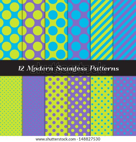 Jumbo Polka Dots, Small Polka Dots and Diagonal Stripes Patterns in Blue, Purple and Lime Green. Perfect for Kids Monster Party or Halloween Backgrounds. Pattern Swatches made with Global Colors.