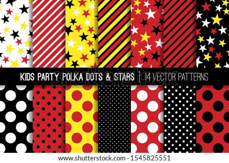 Yellow, Red, Black and White Polka Dots, Stars and Stripes Vector Seamless Patterns. Kids Party Backgrounds. Children Birthday Invitation Backdrops. Repeating Pattern Tile Swatches Included.