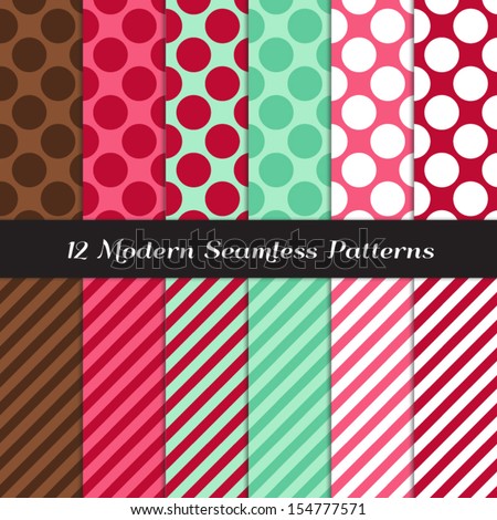 Mint, Chocolate with Raspberry and Strawberry Pinks Jumbo Polka Dot and Candy Stripe Seamless Patterns. Modern Christmas background. Pattern Swatches made with Global Colors. 