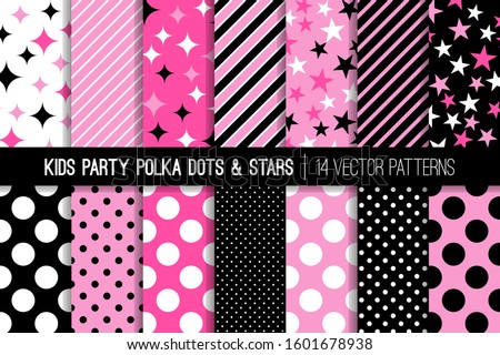 Hot Pink, Pink, Black and White Polka Dots, Stars and Stripes Vector Patterns. Cute Girly Backgrounds. Kids Party Decor. Children Birthday Invitation Backdrops. Pattern Tile Swatches Included