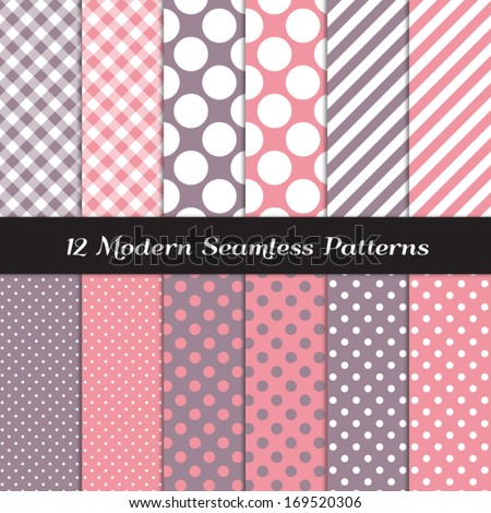 Pink and Purple Gray Jumbo Polka Dots, Gingham and Stripes Two Tone Seamless Patterns. Pattern Swatches included and made with Global Colors.