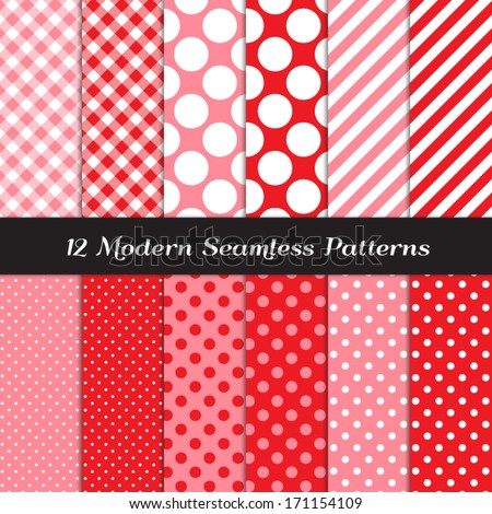 Pink, Red and White Jumbo Polka Dots, Gingham and Stripes Two Tone Seamless Patterns. Valentine's Day backgrounds. Pattern Swatches included and made with Global Colors.