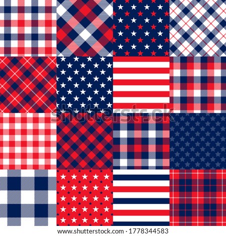 Americana Stars and Stripes Cheater Quilt Vector Seamless Pattern. Imitation of Patchwork Squares of Patriotic Red, White and Blue Stars and Stripes, Gingham Plaid and Tartan. 