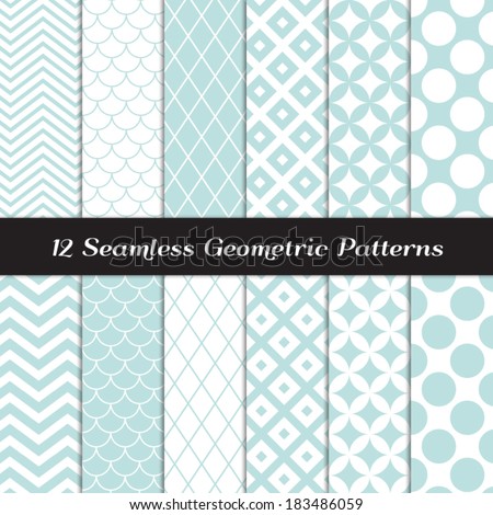 Aqua Blue and White Retro Geometric Seamless Patterns. Pastel Color Mod Backgrounds in Jumbo Polka Dot, Diamond Lattice, Scallops, Quatrefoil and Chevron. Pattern Swatches made with Global Colors.